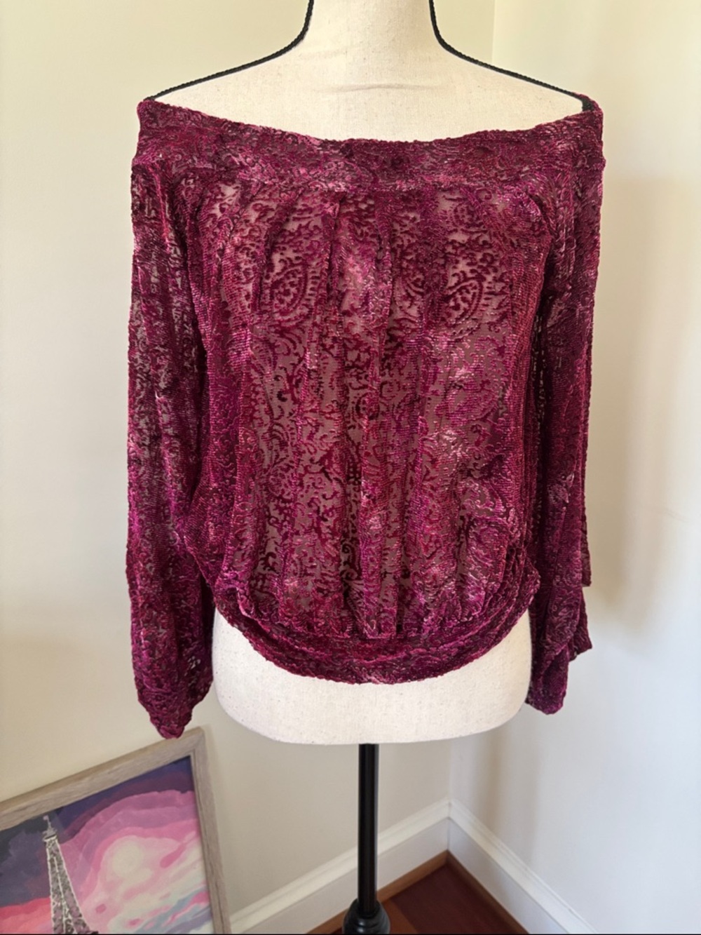 Free People Off-Shoulder Burnout Velvet Top in Deep Wine XS